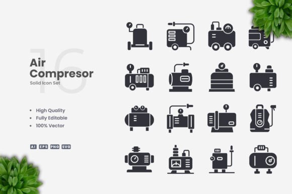 Air Compressor Solid Icons: Graphics for Clean Branding
