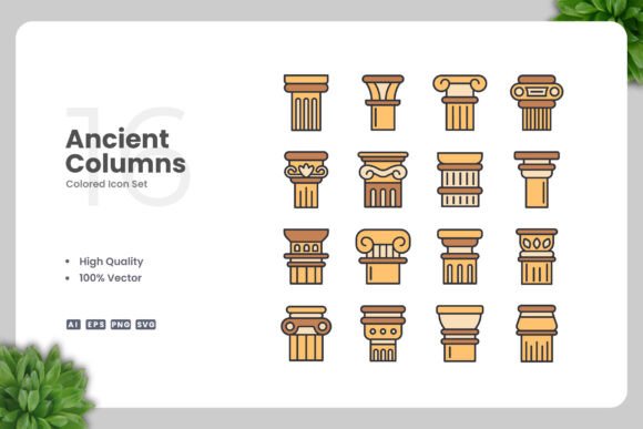 Ancient Columns Color Icons for Graphics and Branding