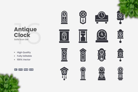 Antique Clock Solid Icons for Graphics and Icons