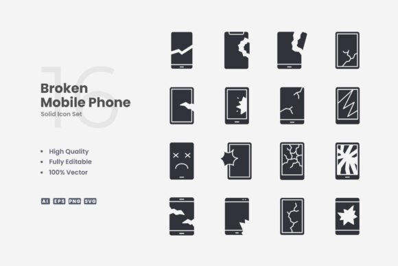 Broken Mobile Phone Solid Icons for Graphics and Icons